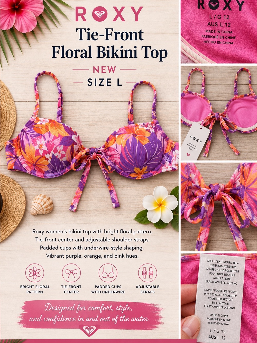 Roxy Tie-Front Floral Bikini Top in Purple, Orange, Pink NEW L 12